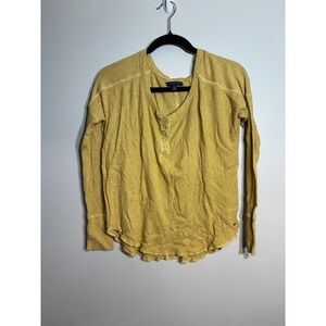 American Eagle Mustard Yellow Waffle Knit Henley Long Sleeve Thermal Top Small
